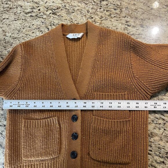 Sea NY Cardigan Women XS Brown Balloon Sleeve Wool Blend Luxury Preppy Flaw - Picture 6 of 10